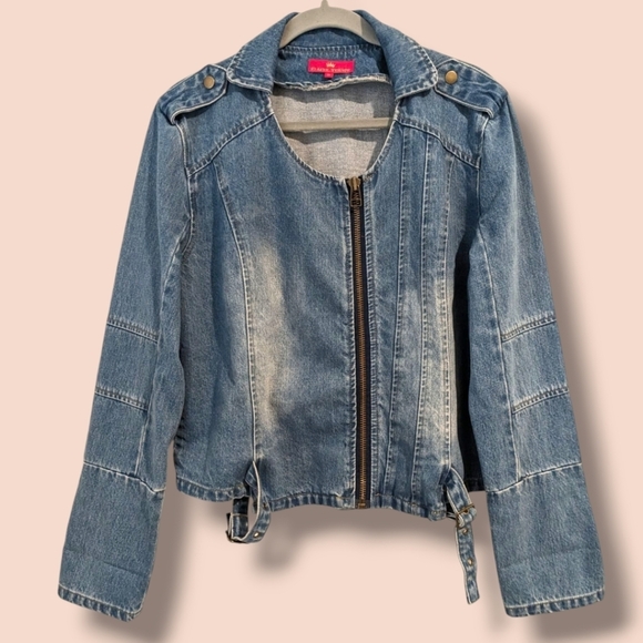 Elaine Turner Medium Wash Faded Asymmetric Full Zip Denim Jean Moto Jacket Biker - Picture 1 of 10